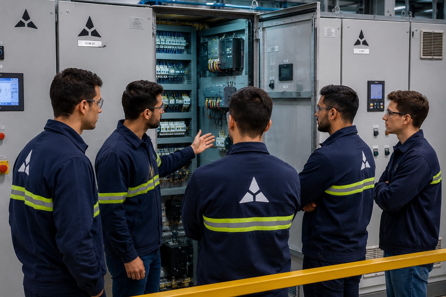 Equipe de engenharia da ARTAS reunida em torno de um painel de comando (CCM)